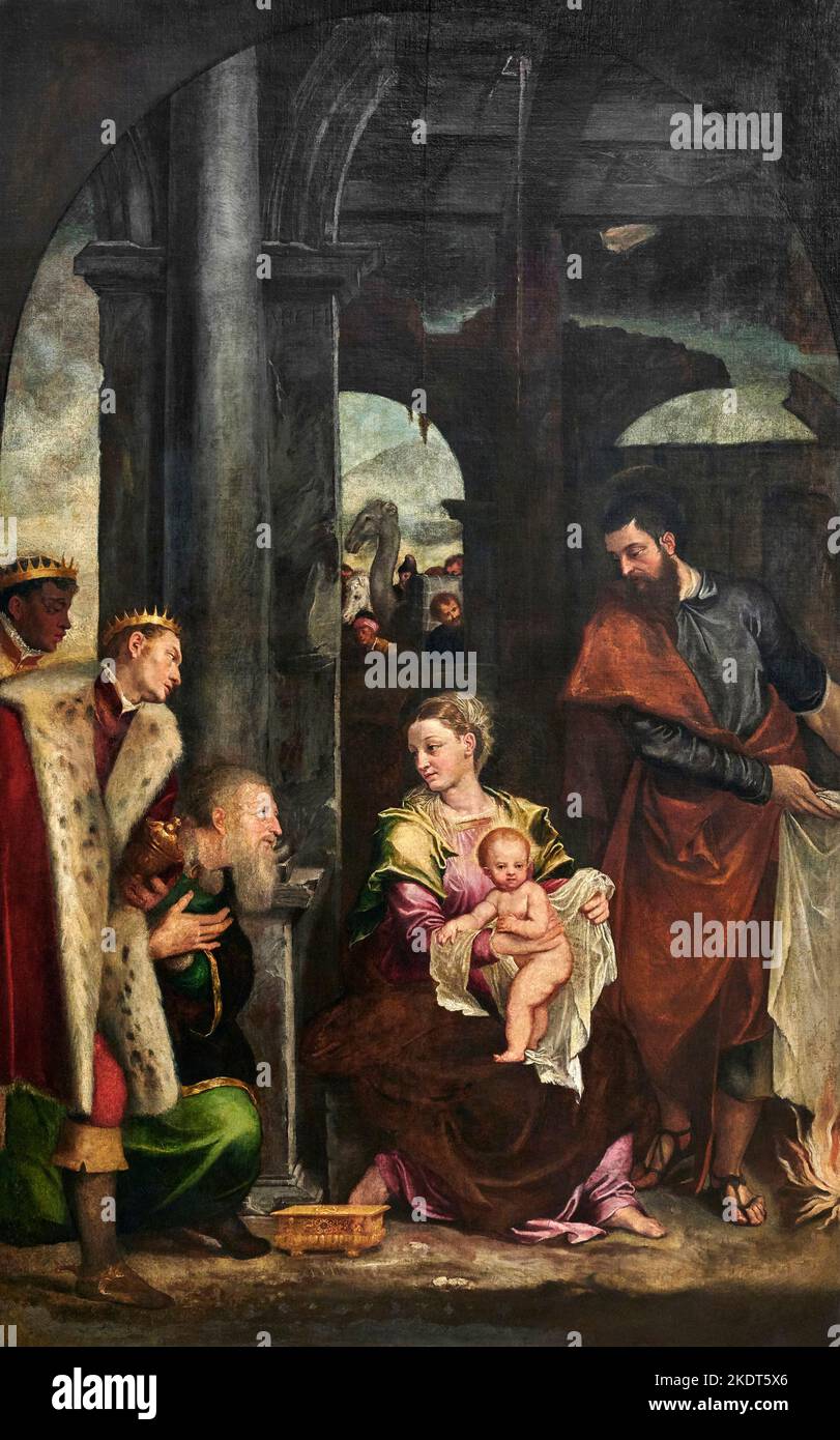 Adorazione dei Magi  - olio su tela  - Domenico Brusasorzi  -  1553 - Verona, Museo degli Affreschi G.B. Cavalcaselle Stock Photo