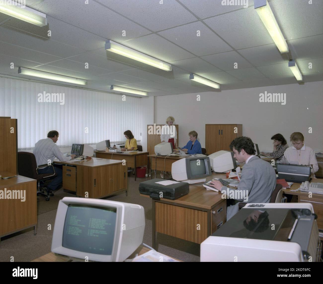 1980s, historical, view across an open office of the era, male and female employees working at desks, using small desk-top computer terminals, most likely made by IBM, England, UK. Being CRT monitors they displayed text in green, as seen in the picture and so became known as green screen terminals. Stock Photo