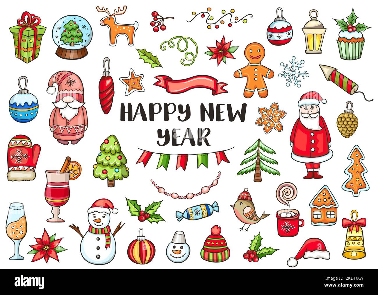 Set of hand drawn Christmas and New Year doodle design elements on a white background. Stock Photo