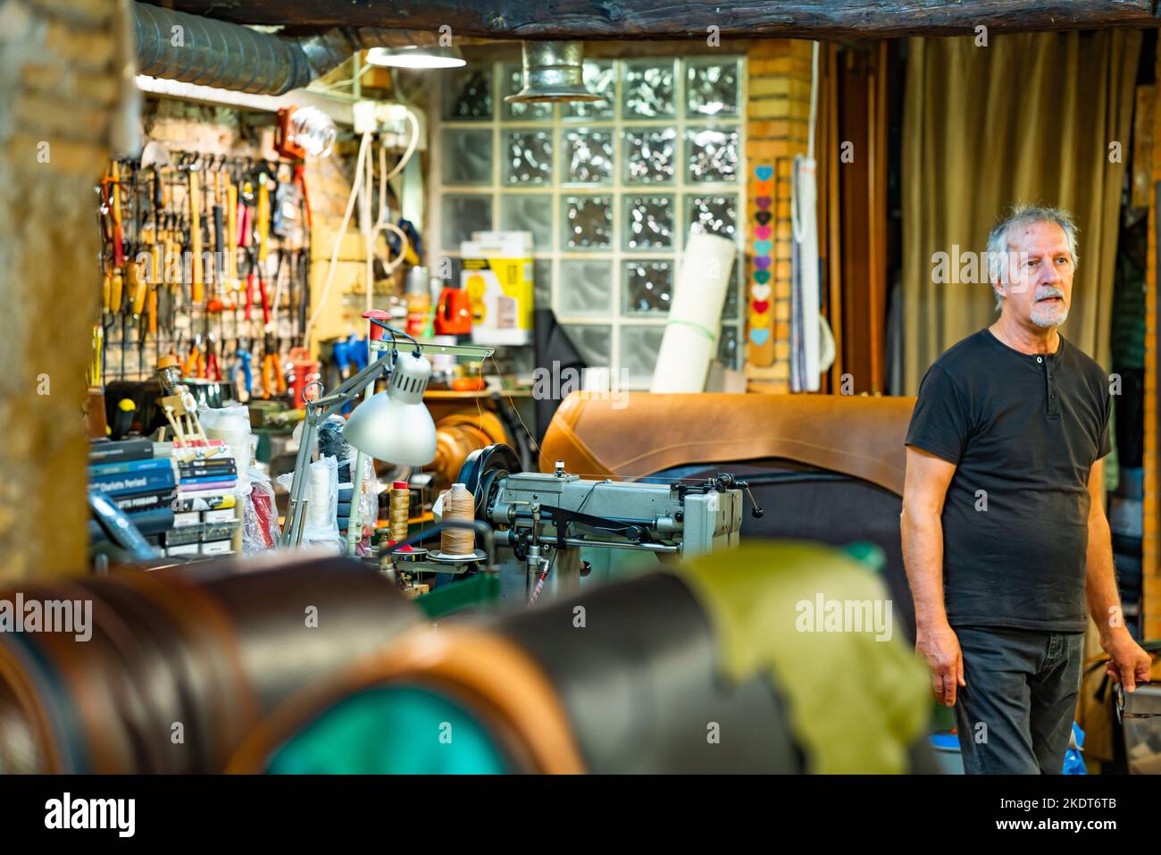 Interior of leather work shop in Rome Stock Photo Alamy