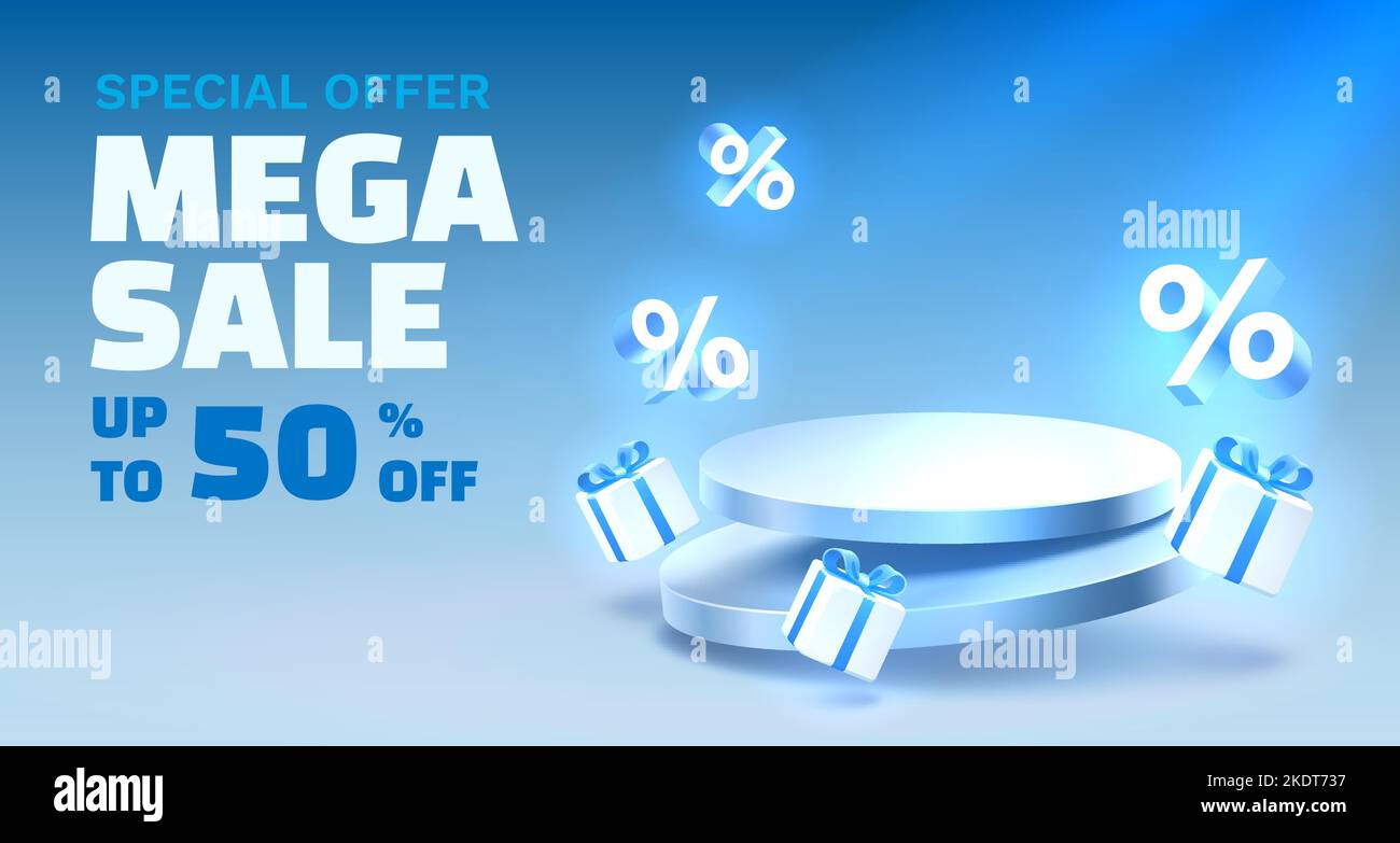Special offer mega sale, podium percentage, flyer event product. sale off banner. Vector illustration Stock Vector