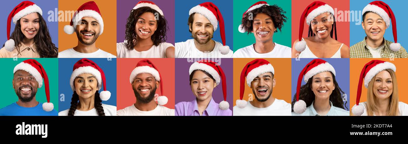 Collection of multicultural people wearing Santa hats Stock Photo - Alamy