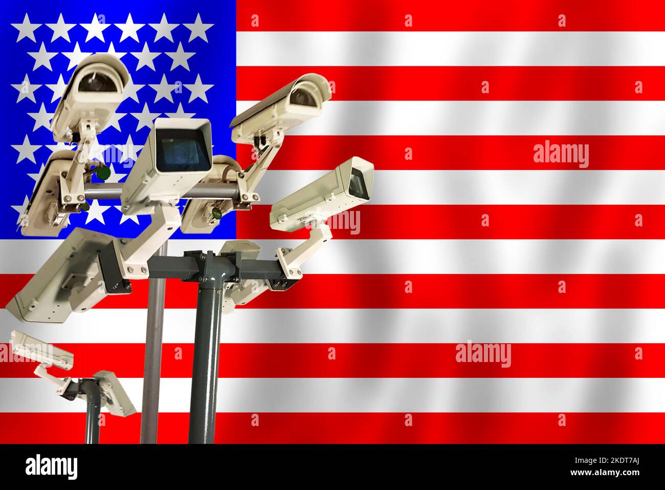 CCTV camera on the USA flag, surveillance, security, control concept