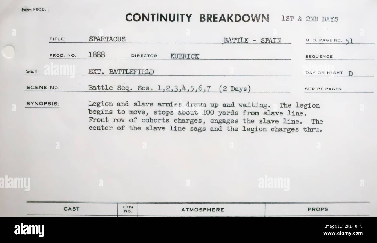 Spartacus, 1960; the continuity breakdown; list of personnel, staff, material for additional scenes Stock Photo