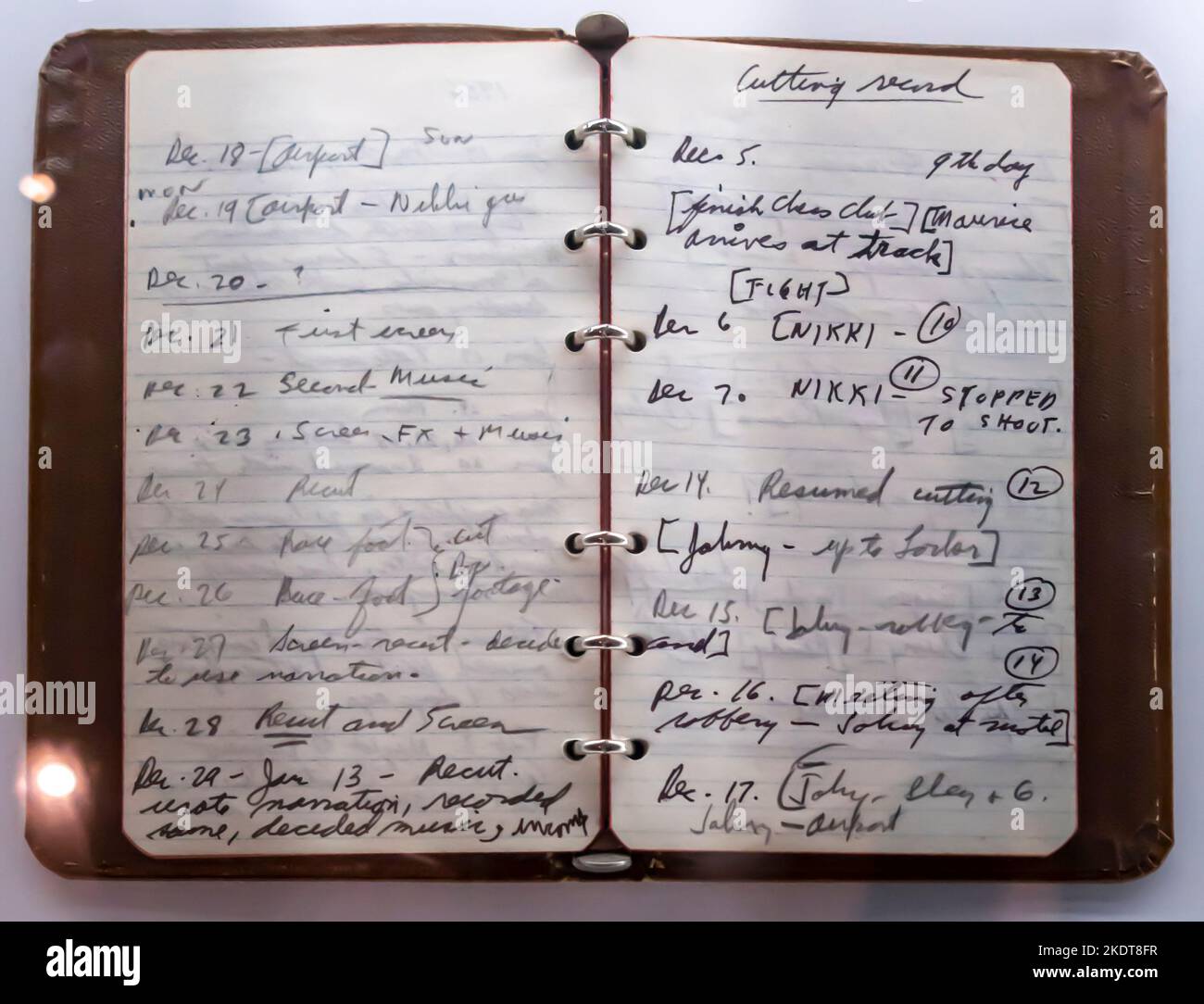 Kubrick's notebook with notes on the editing of Killer's Kiss. 1955 Stock Photo