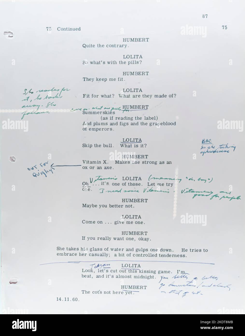 Screenplay of Lolita, 1962, with notes by Stanley Kubrick Stock Photo