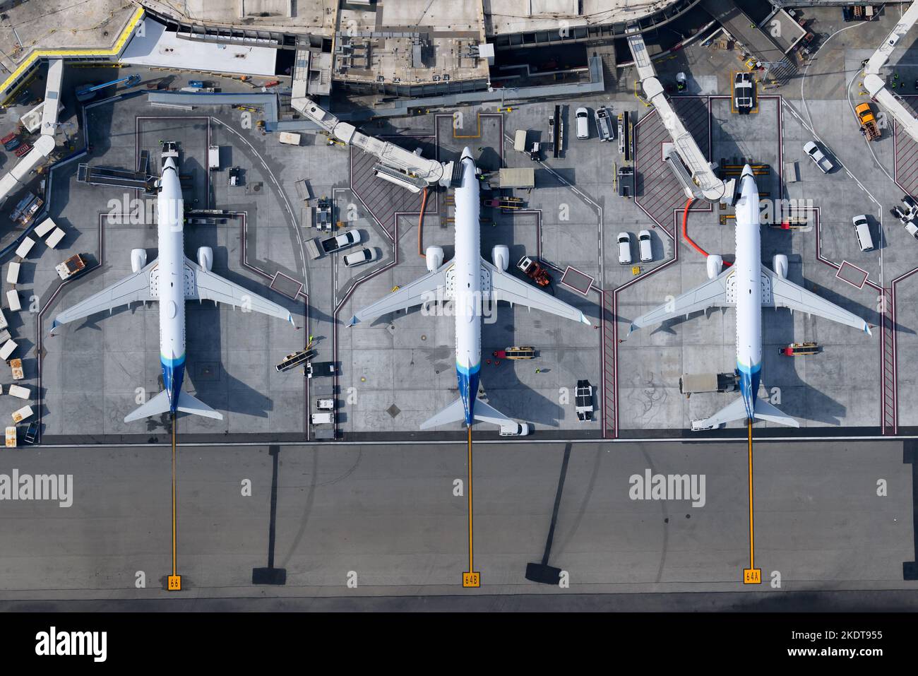 Top down view of Alaska Airlines Boeing 737 aircraft at Los Angeles