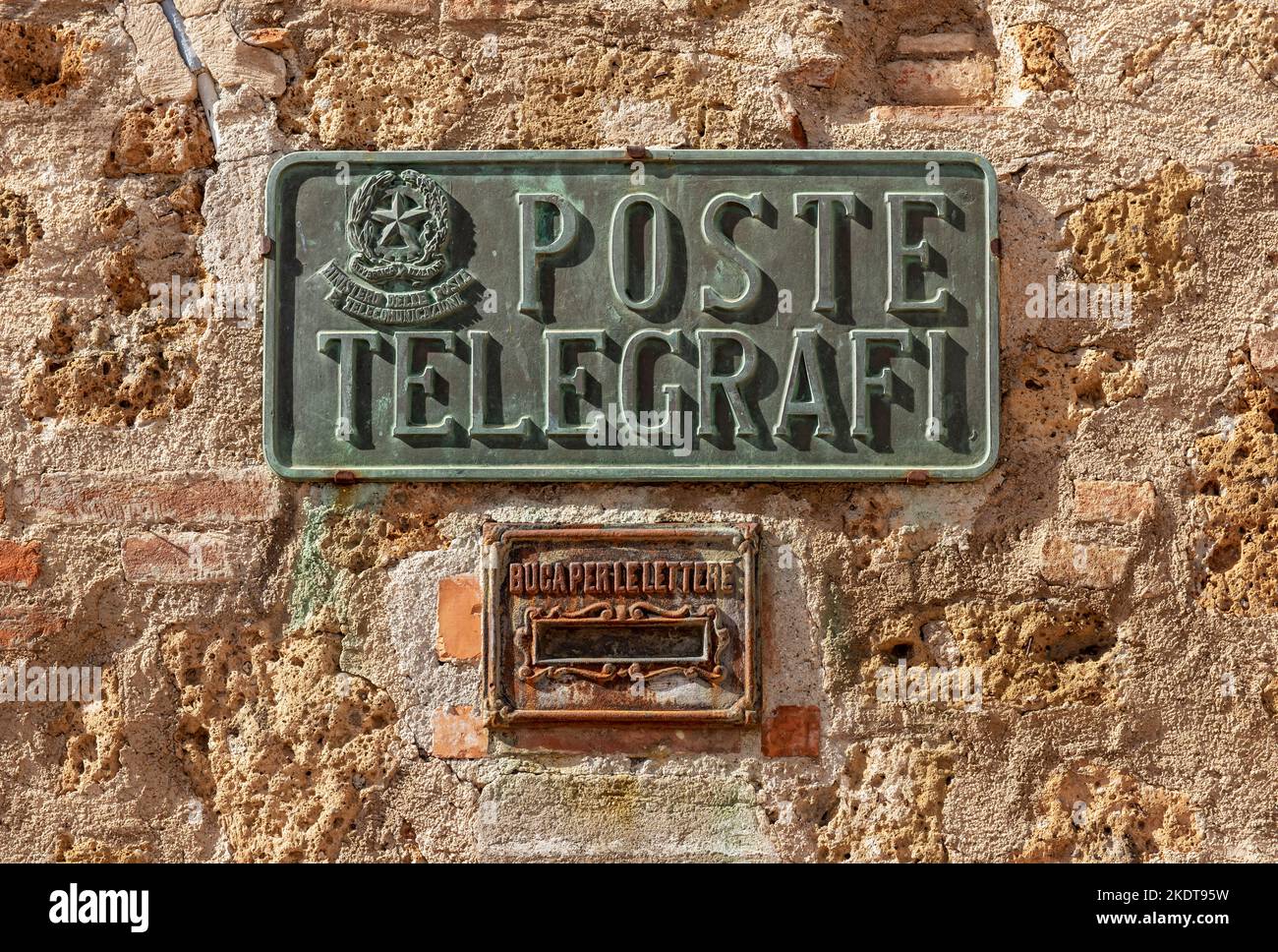 Historic Post and Telegraph Office Sign, Sovana, Tuscany, Italy Stock