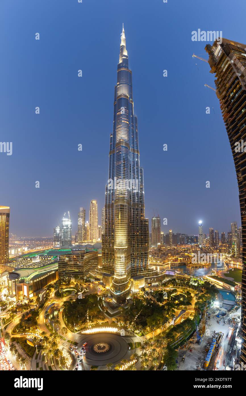 Dubai, United Arab Emirates - May 26, 2021: Dubai Burj Khalifa Kalifa Skyscraper Skyline Architecture At Night Portrait In Dubai, United Arab Emirates Stock Photo