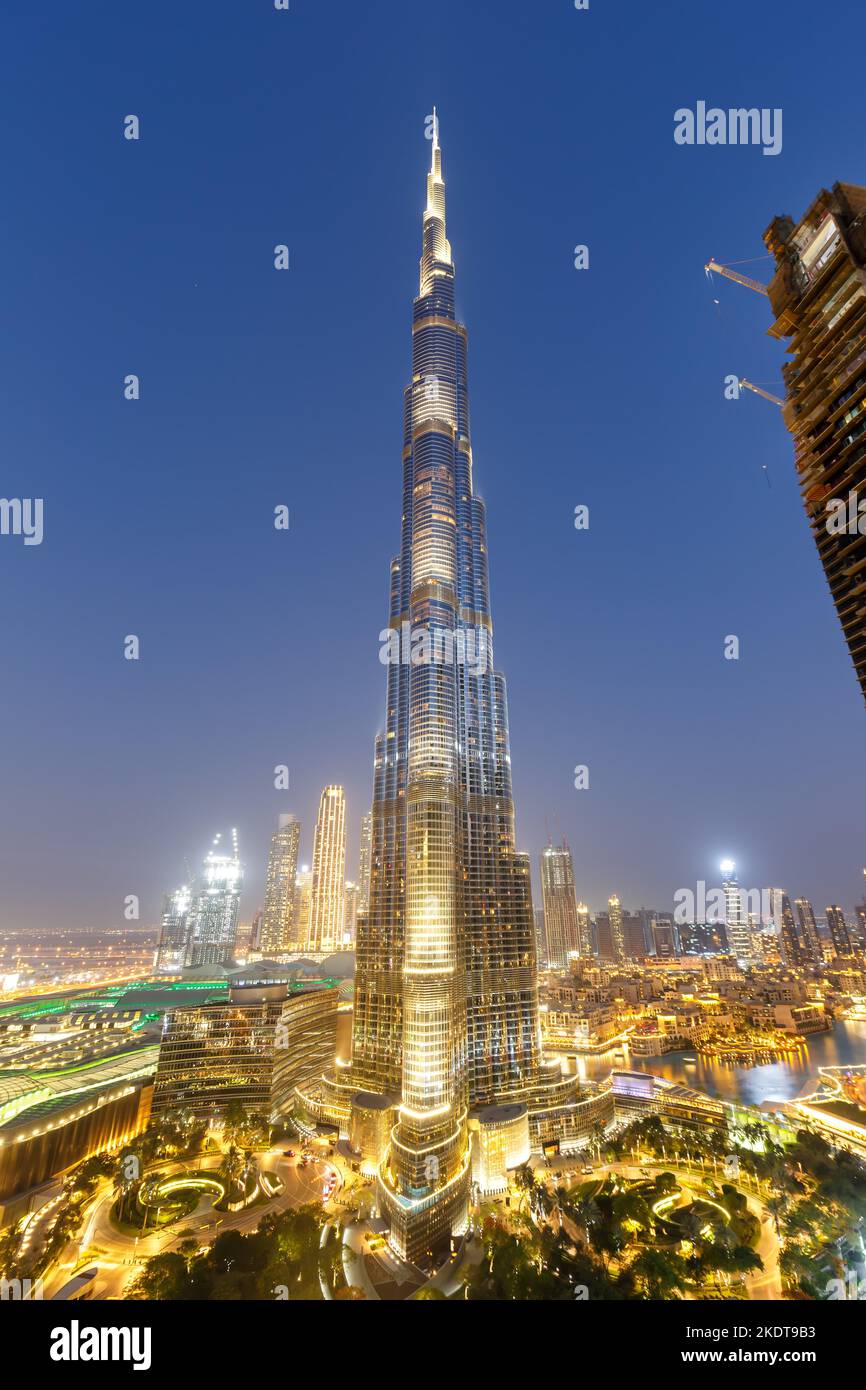 Dubai, United Arab Emirates - May 26, 2021: Dubai Burj Khalifa Kalifa Skyscraper Skyline Architecture Mall At Night Portrait In Dubai, United Arab Emi Stock Photo