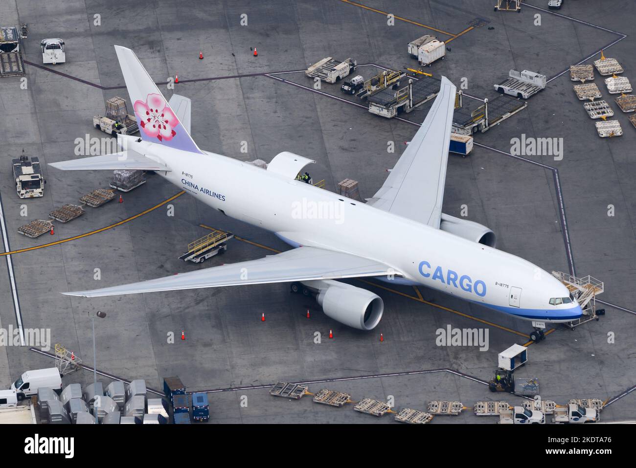 China Airlines Cargo Boeing 777 Freighter aircraft at cargo ramp. Plane of ChinaAirlines Cargo used for freight transportation. Airplane B-18775. Stock Photo