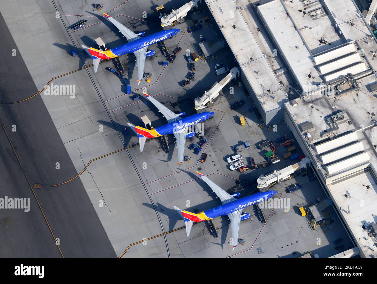 Southwest Airlines Terminal 1 at Los Angeles International Airport. Aerial view Southwest Airlines Boeing 737 aircraft lined up at LAX Airport T1. Stock Photo