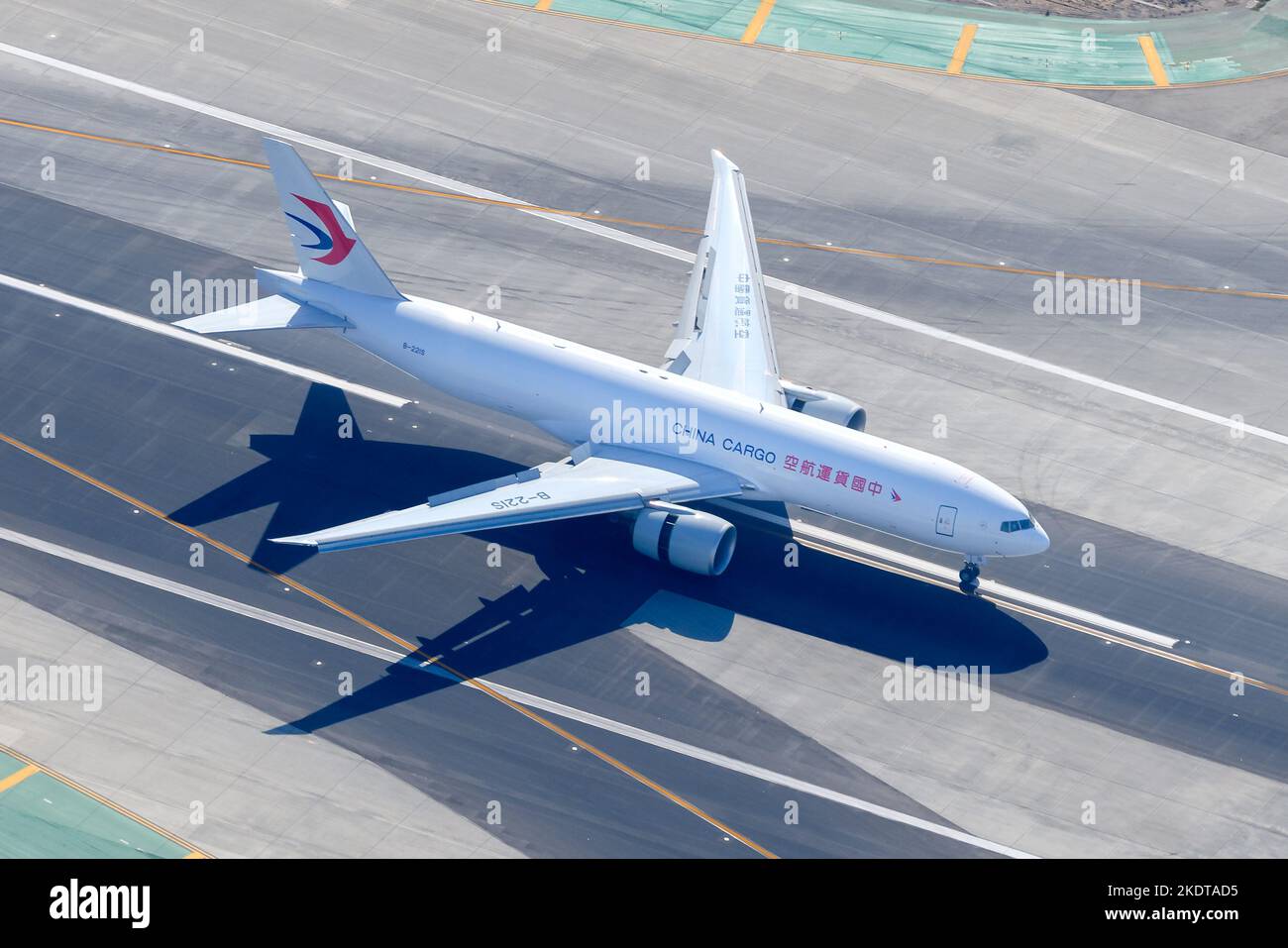 China Eastern Cargo Boeing 777F airplane landing. Aircraft 777 Freighter model for cargo transportation of China Eastern Cargo airlines. 777F Stock Photo