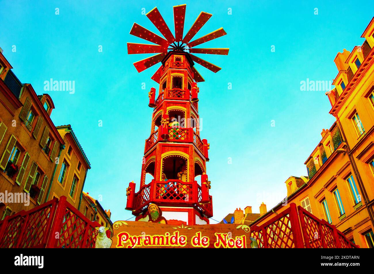 METZ, FRANCE - DECEMBER 19, 2015: Christmas pyramid at Christmas market in Metz. Stock Photo