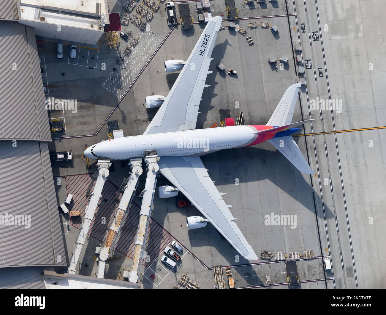 Asiana Airlines Airbus A380 aircraft parked seen from above. Airplane A380-800 of Asiana Airlines registered as HL7625 aerial view. Stock Photo