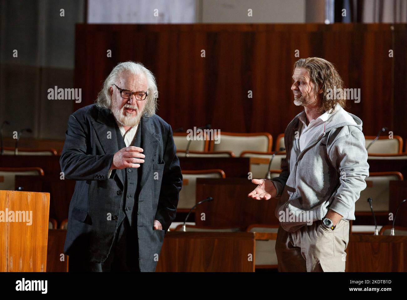 l-r: John Tomlinson (Moses), Rainer Trost (Aron) in MOSES UND ARON by Schoenberg at Welsh National Opera (WNO), Wales Millennium Centre, Cardiff, Wales  24/05/2014  conductor: Lother Koenigs  design: Anna Viebrock  lighting: Tim Mitchell  directors: Jossi Wieler & Sergio Morabito Stock Photo