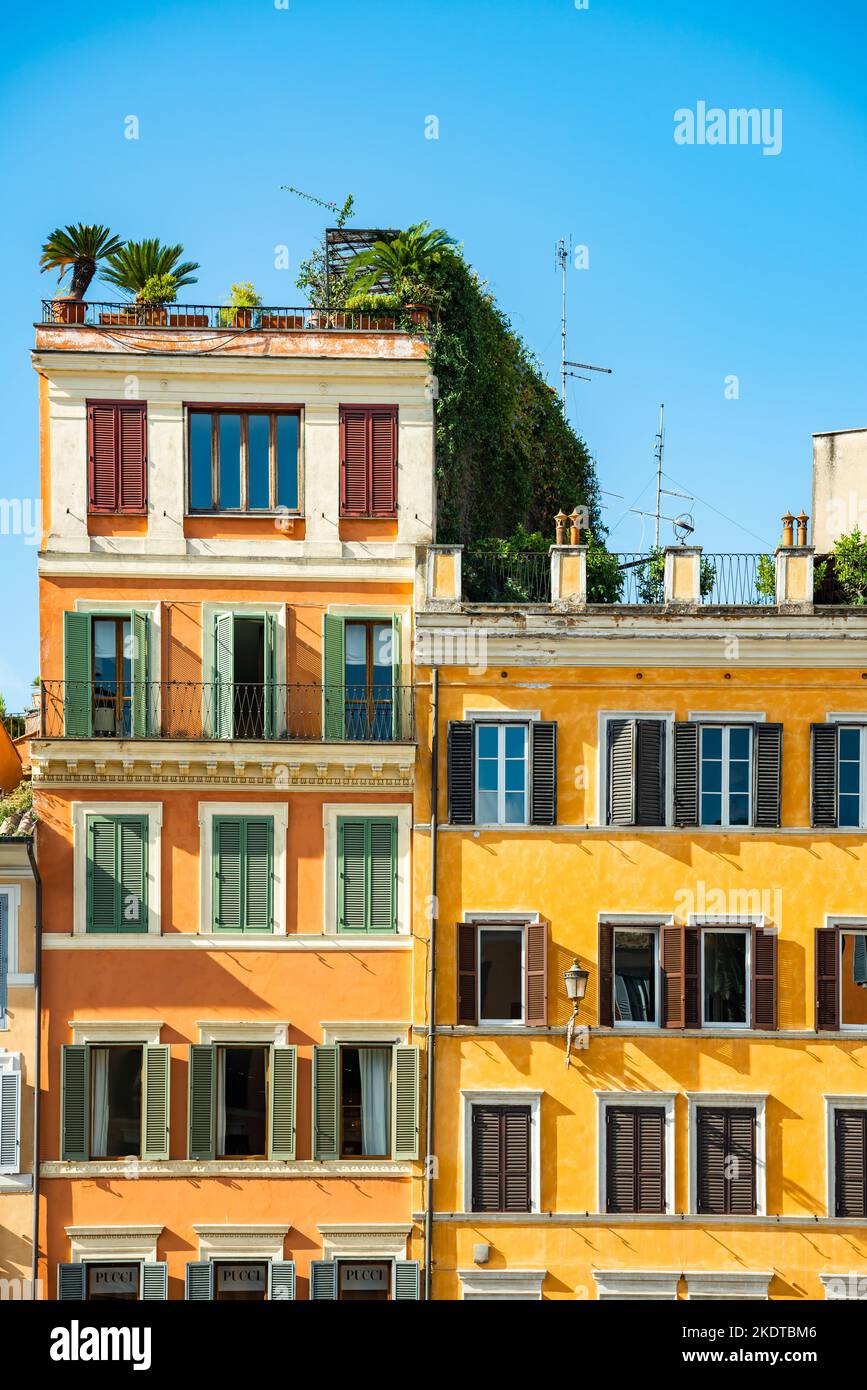 Quiet street in central Rome, Italy with roof top terrace Stock Photo
