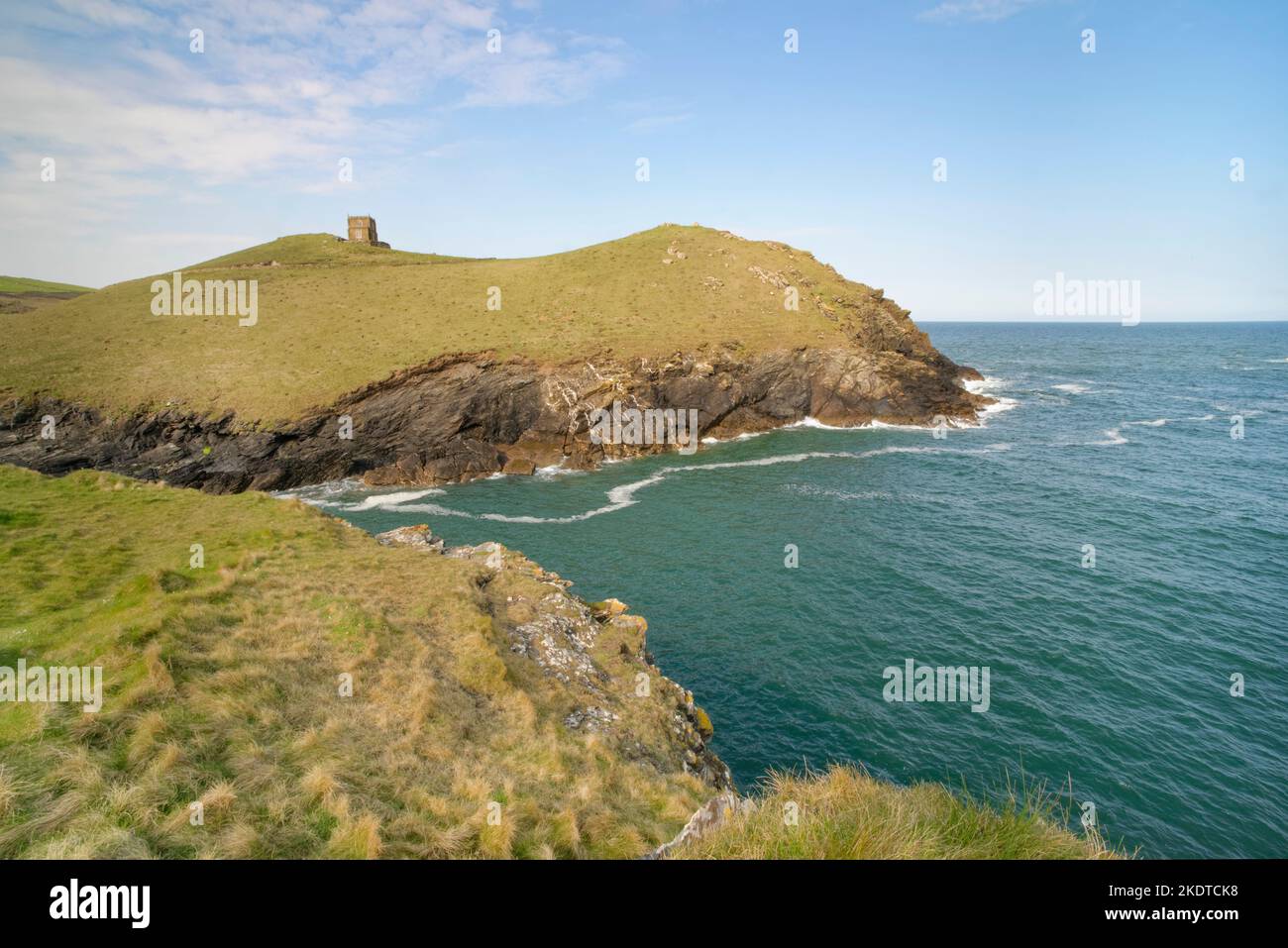 View to Doyden Castle and Doyden Point from the Southwest coast path, Port Quin, Cornwall, UK, April. Stock Photo