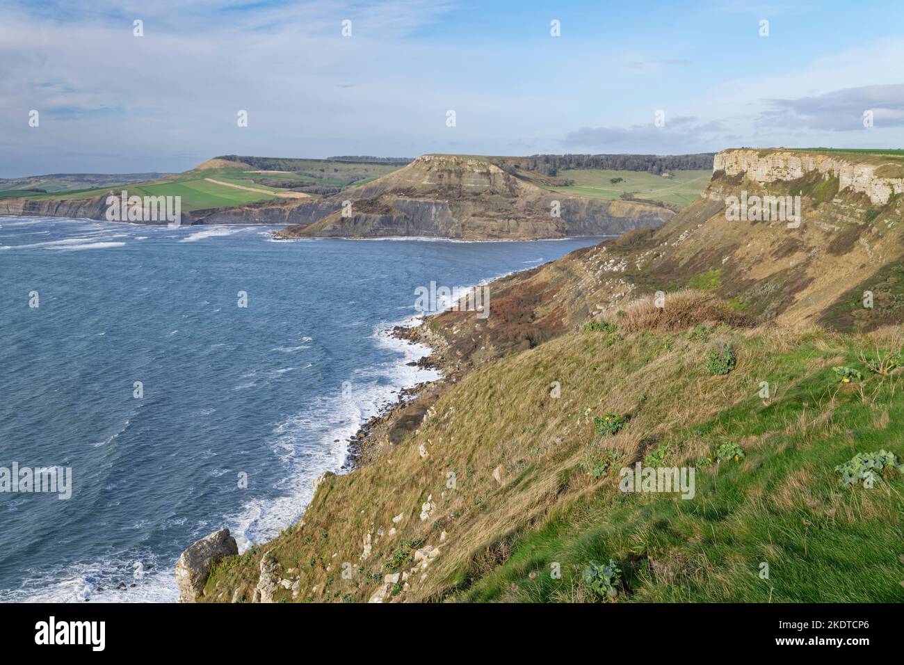 View north to Emmet’s Hill cliffs and Egremont Point from St. Aldhelm’s Head, near Worth Matravers, Isle of Purbeck, Dorset, UK, January. Stock Photo