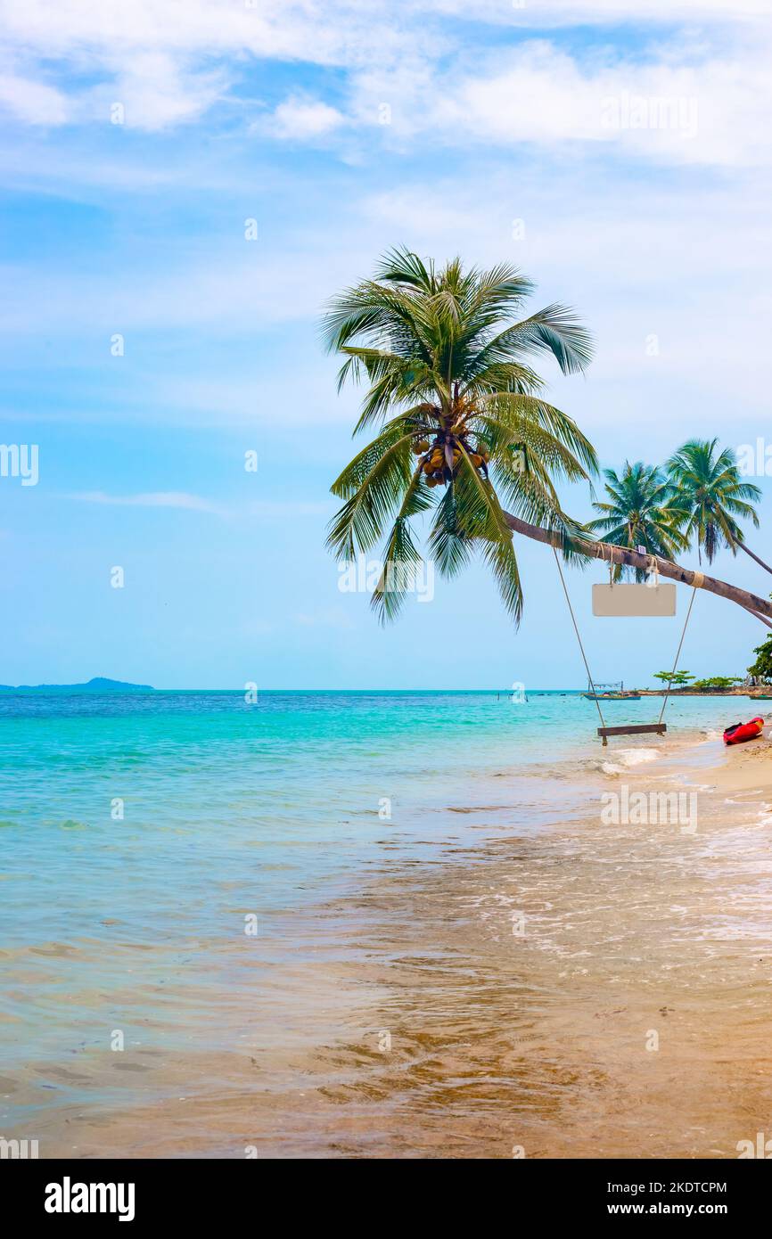 Tropical vertical landscape. A palm tree with a swing hanging over the sea on an island in Thailand. Vacation in Asia. Stock Photo