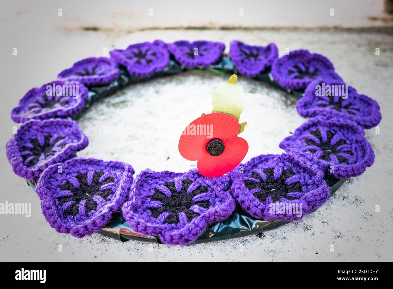 Purple knitted poppy wreath remembering all of the animals which died in war on the war memorial in Witney, Oxfordshire for Remembrance Day. Stock Photo