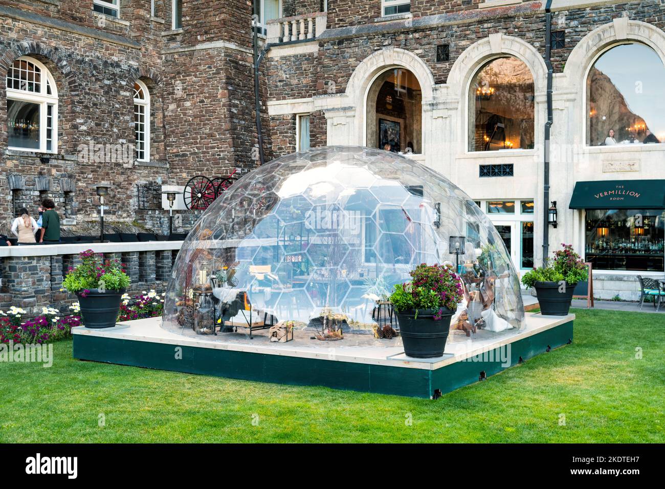 Bubble dome tent set up in the courtyard of the Banff Springs Hotel in Banff, Alberta, Canada. Stock Photo