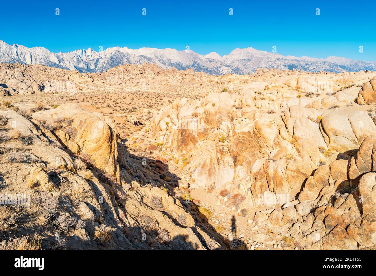 Valley and rock formations of the Alabama Hills with the Sierra Nevada in the background in, California, USA. Stock Photo