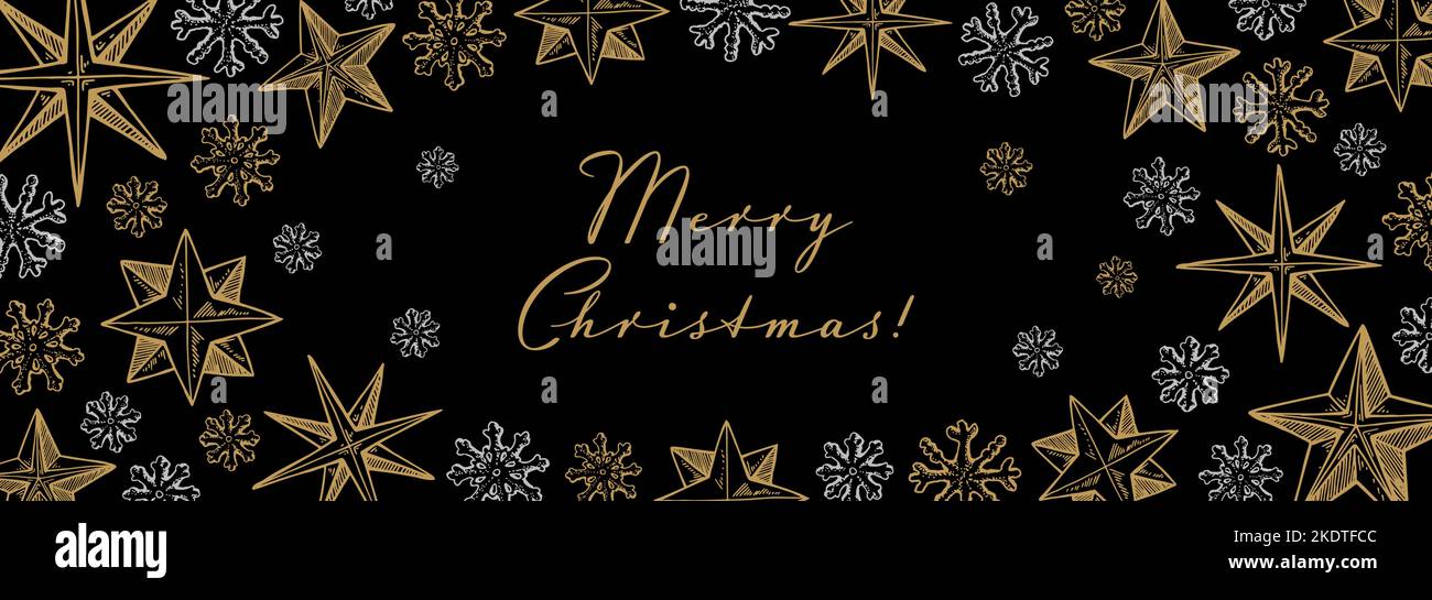 Merry Christmas and Happy New Year horizontal greeting card with hand ...