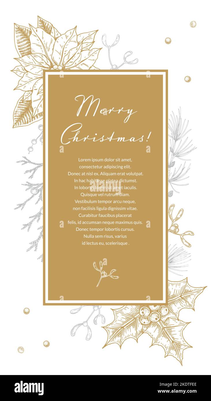 Merry Christmas and Happy New Year greeting card with hand drawn golden ...