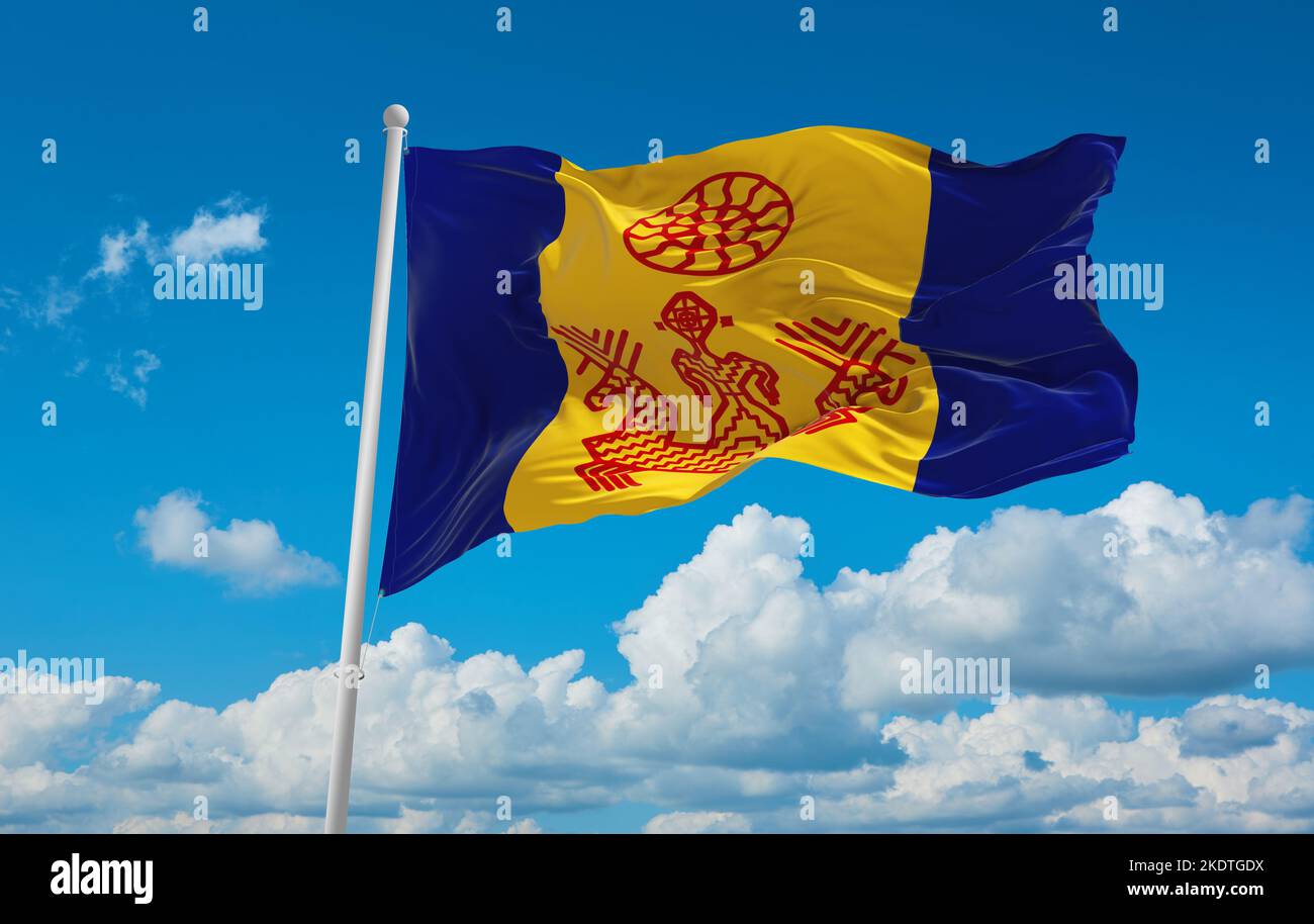 flag of Baltic Finns Izhorians at cloudy sky background, panoramic view. flag representing ethnic group or culture, regional authorities. copy space f Stock Photo