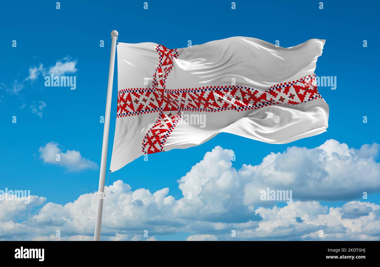 flag of Baltic Finns Setos at cloudy sky background, panoramic view. flag representing ethnic group or culture, regional authorities. copy space for w Stock Photo