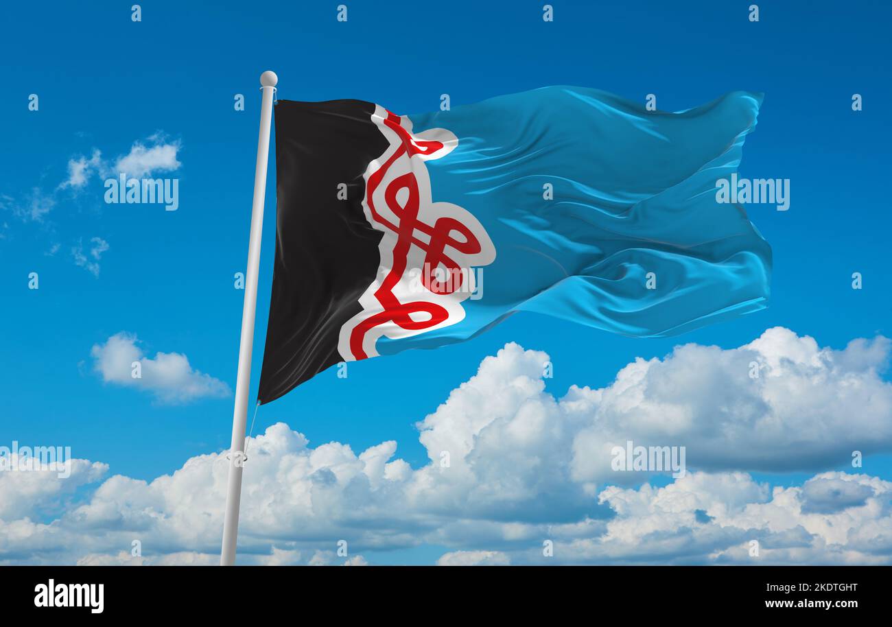 flag of Baltic Finns Mulgi people at cloudy sky background, panoramic view. flag representing ethnic group or culture, regional authorities. copy spac Stock Photo