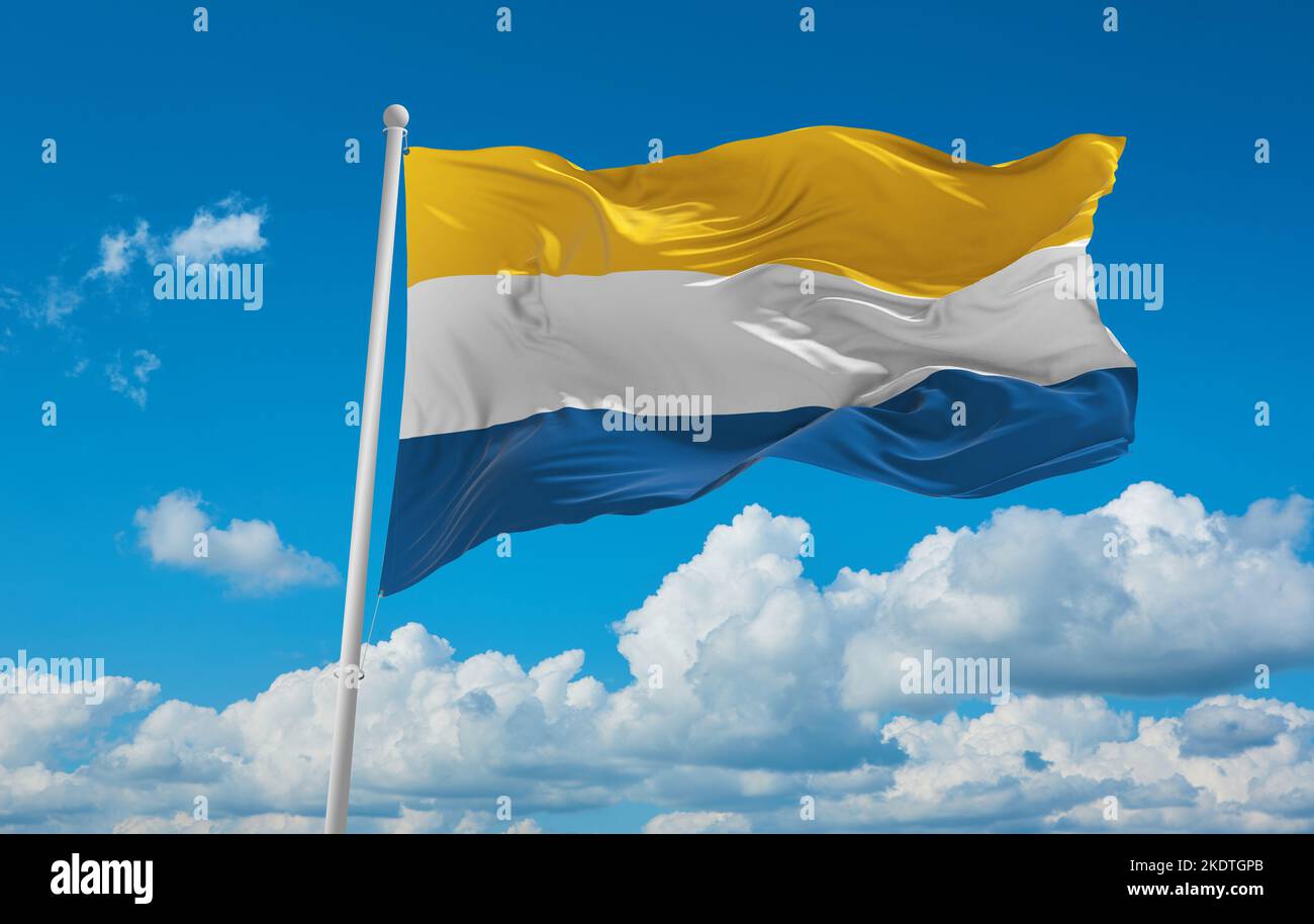 flag of Baltic Finns Tornedalians at cloudy sky background, panoramic view. flag representing ethnic group or culture, regional authorities. copy spac Stock Photo