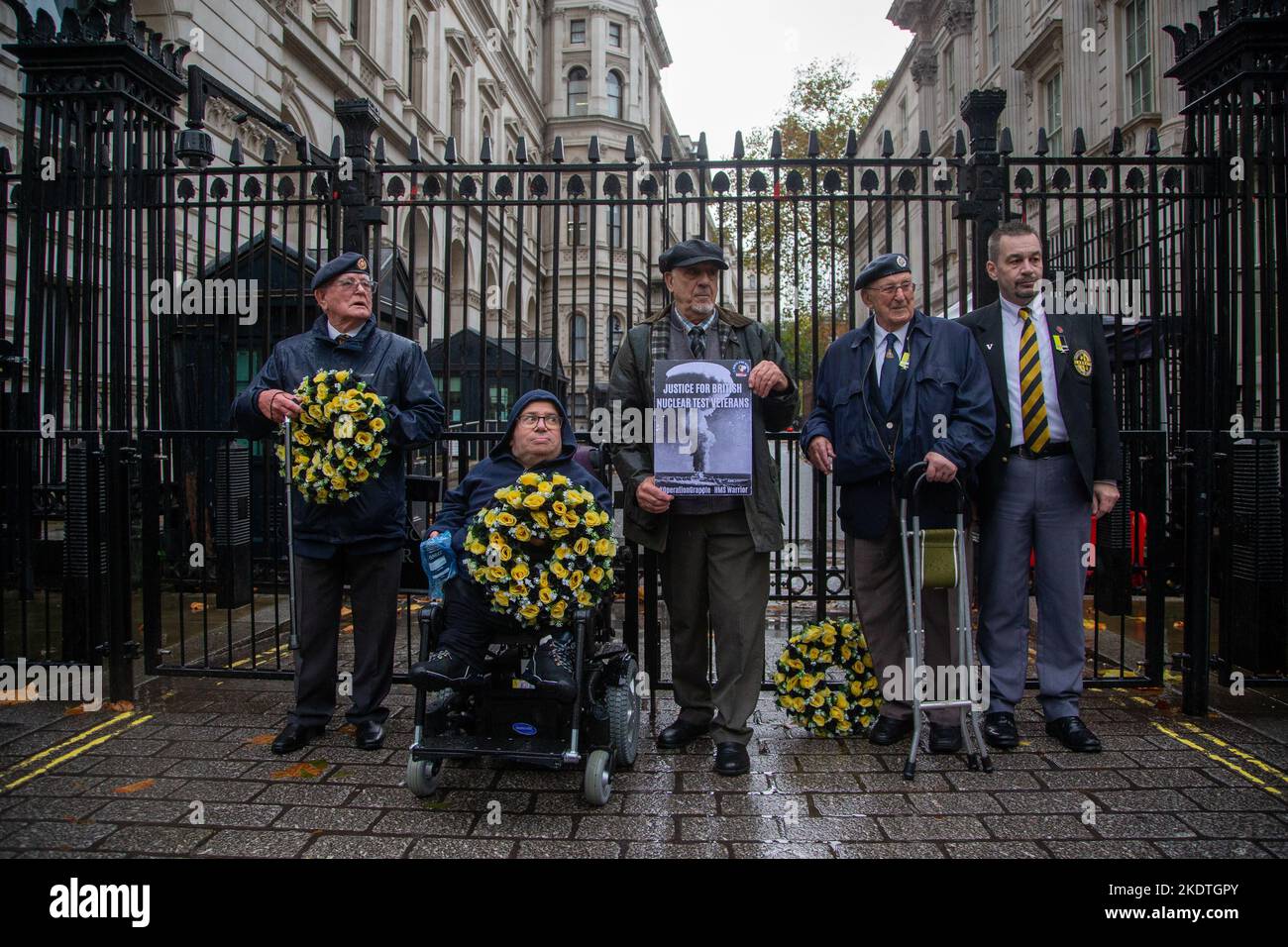 London, England, UK. 8th Nov, 2022. Veterans of Nuclear Tests and family  and friends stage a protest outside Downing Street. They ask for medals  from King Charles III. (Credit Image: © Tayfun