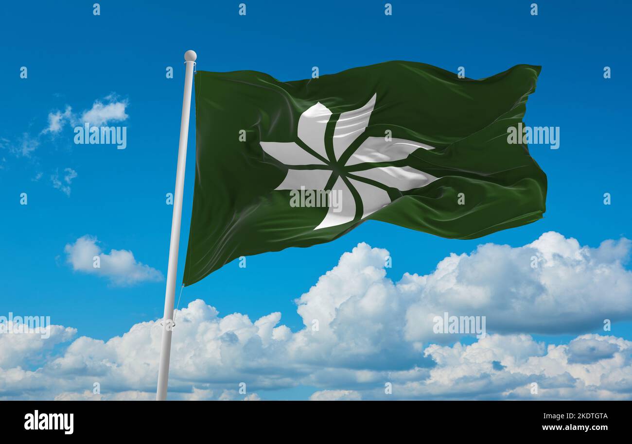 flag of Baltic Finns Voros at cloudy sky background, panoramic view. flag representing ethnic group or culture, regional authorities. copy space for w Stock Photo