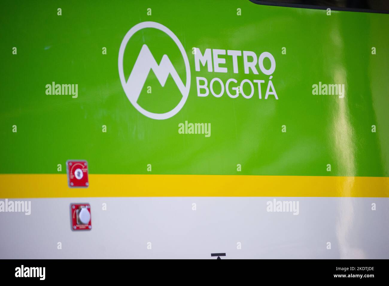 Bogota's metro logo during the unveil event of Bogota's Metro car as Bogota's metro system starts works o be available to the public in 2026. Photo by: Chepa Beltran/Long Visual Press Stock Photo