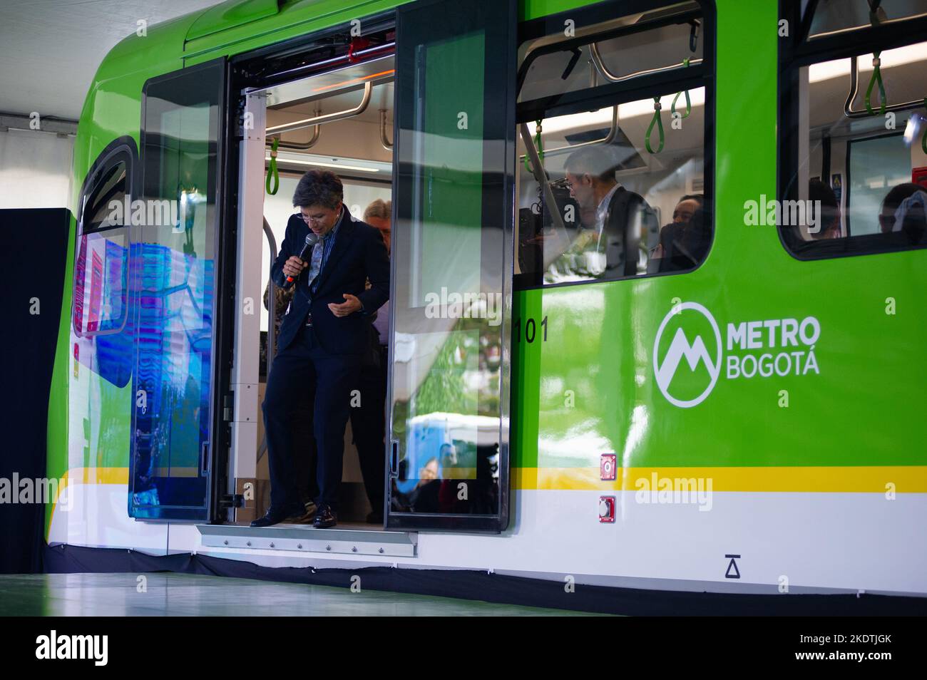 Bogota's mayor Claudia Lopez walks out of the metro car during the unveil event of Bogota's Metro car as Bogota's metro system starts works o be available to the public in 2026. Photo by: Chepa Beltran/Long Visual Press Stock Photo