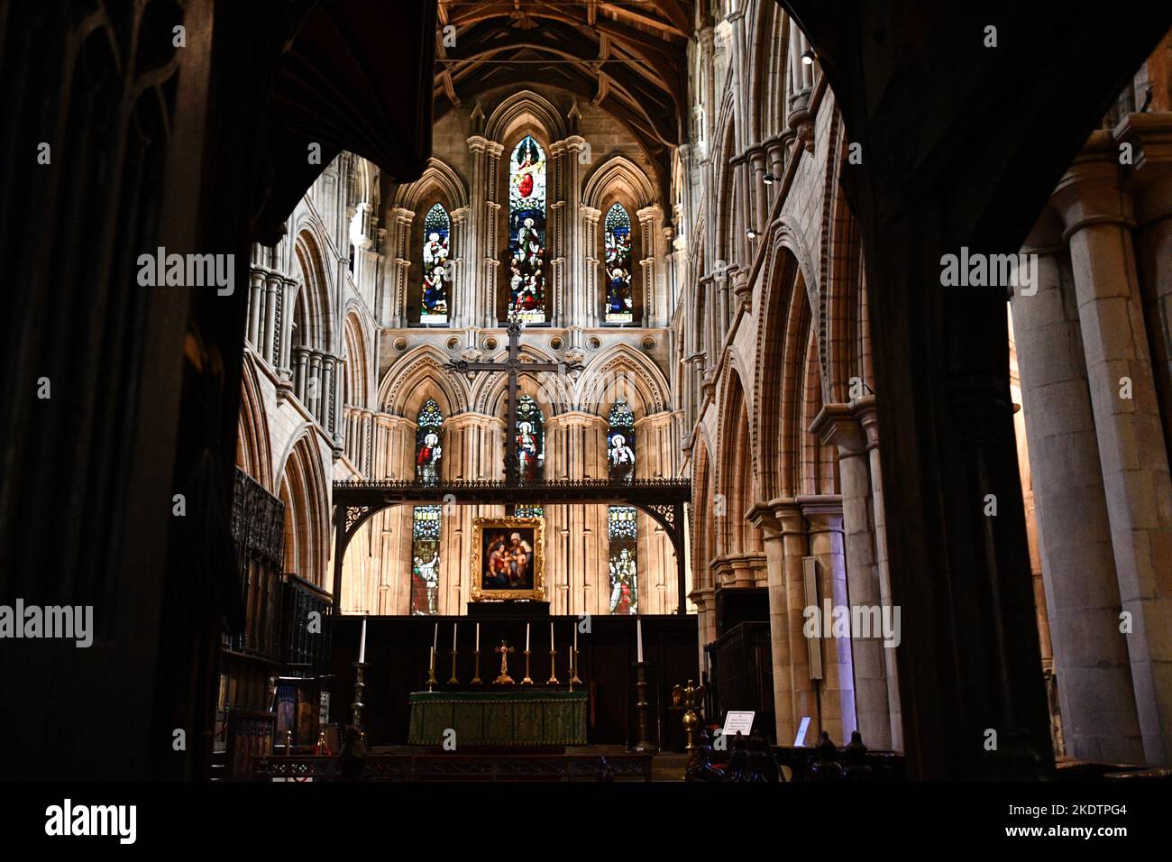 The Choir, High Altar and East window in Hexham Abbey,Hexham,Northumberland,England, UK, Great Britain. Stock Photo