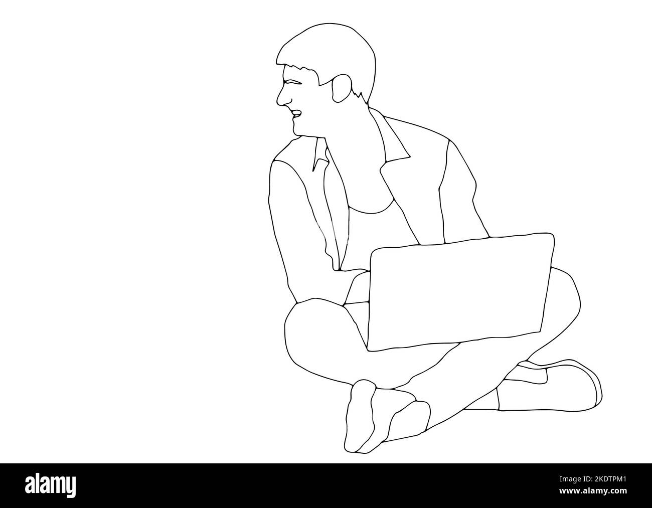 continuous line drawing of a guy sitting with laptop computer Stock