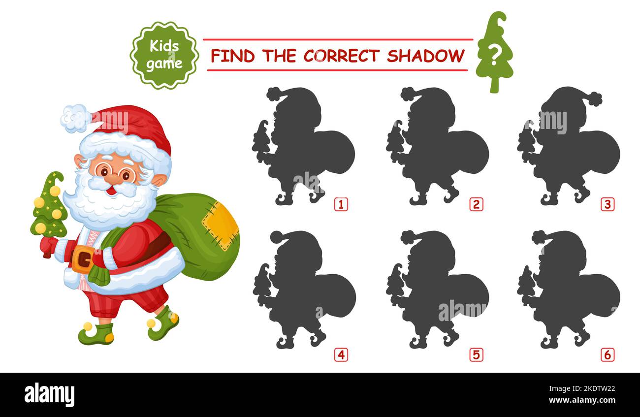 Cute Santa Claus find shadow shape. Education match children game. New Year grandfather with Christmas tree, holiday bag of present. Kid puzzle vector Stock Vector