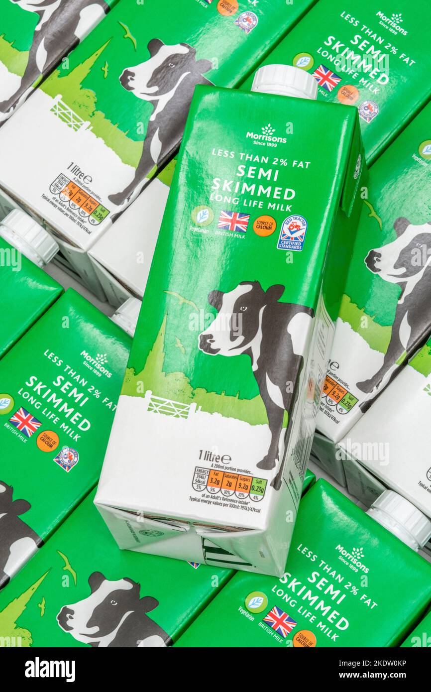 Close shot of paper cartons of Morrison's ownlabel longlife UHT semiskimmed milk. For British