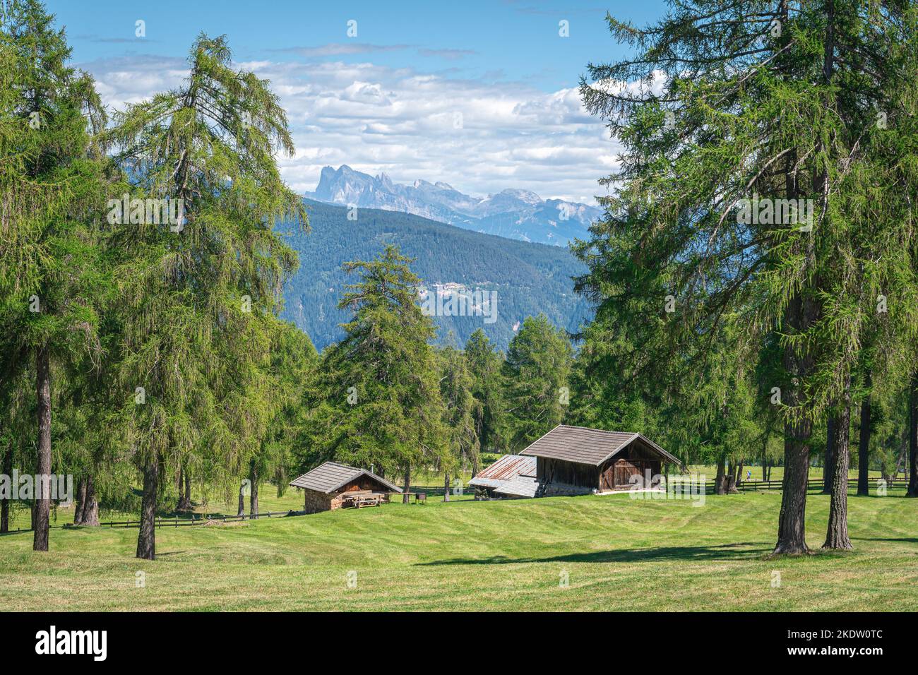 Mountain hut or cabin in Meltina Mölten with the dolomites in background in the alps in Südtirol - Trentino Alto Adige - Italy Stock Photo