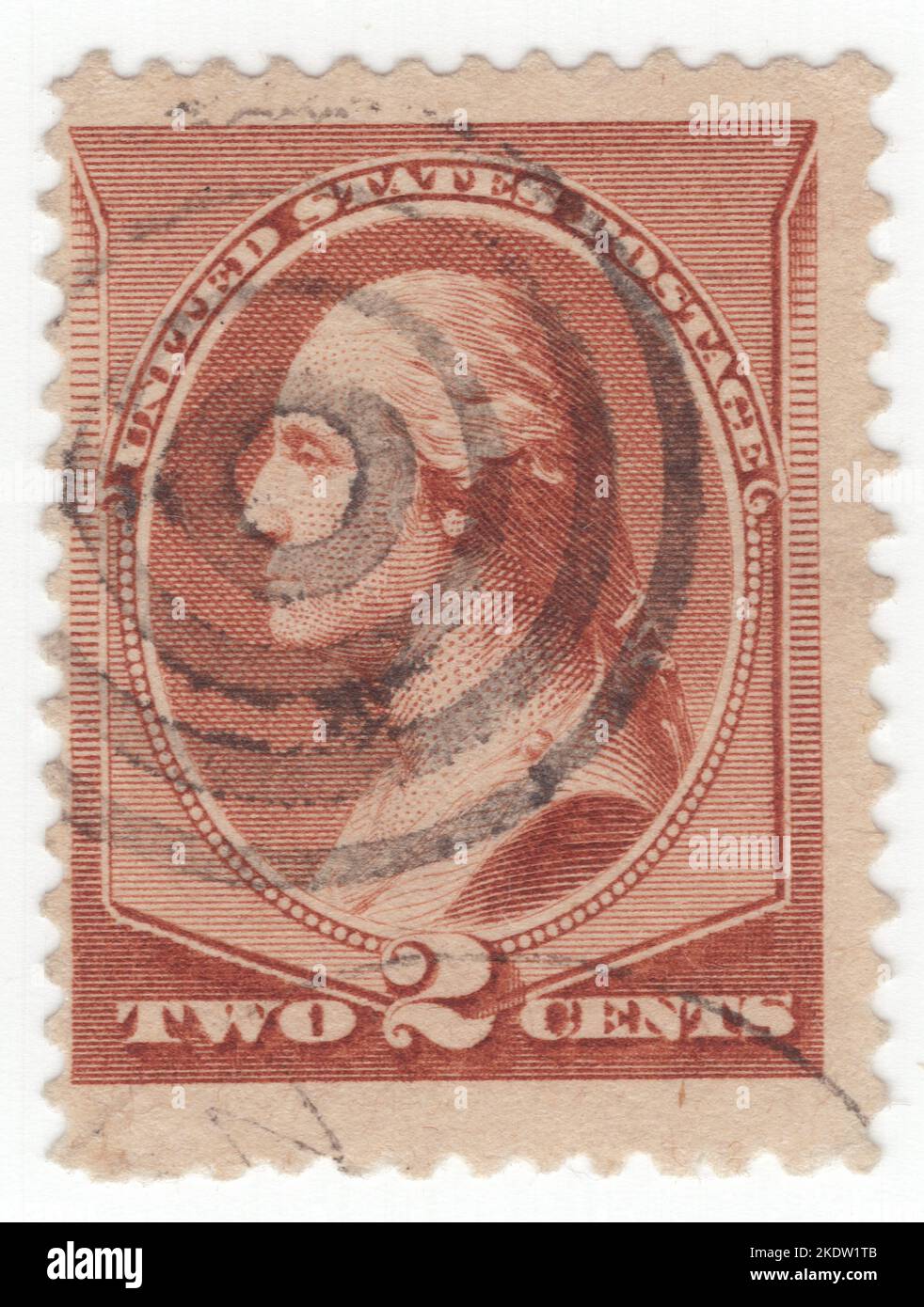 USA - 1883 October 1: An 2 cents red-brown postage stamp depicting portrait of George Washington. American military officer, statesman, and Founding Father who served as the first president of the United States from 1789 to 1797. Appointed by the Continental Congress as commander of the Continental Army, Washington led the Patriot forces to victory in the American Revolutionary War and served as the president of the Constitutional Convention of 1787, which created the Constitution of the United States and the American federal government. Washington has been called the 'Father of his Country' Stock Photo