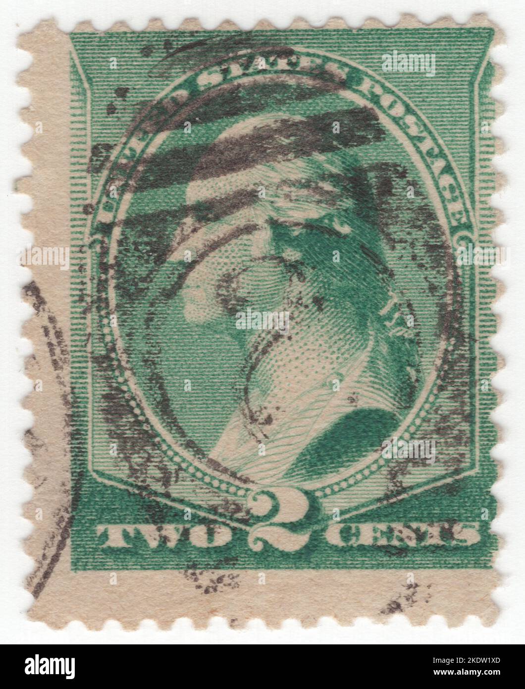 USA - 1887: An 2 cents green  postage stamp depicting portrait of George Washington. American military officer, statesman, and Founding Father who served as the first president of the United States from 1789 to 1797. Appointed by the Continental Congress as commander of the Continental Army, Washington led the Patriot forces to victory in the American Revolutionary War and served as the president of the Constitutional Convention of 1787, which created the Constitution of the United States and the American federal government. Washington has been called the 'Father of his Country' Stock Photo