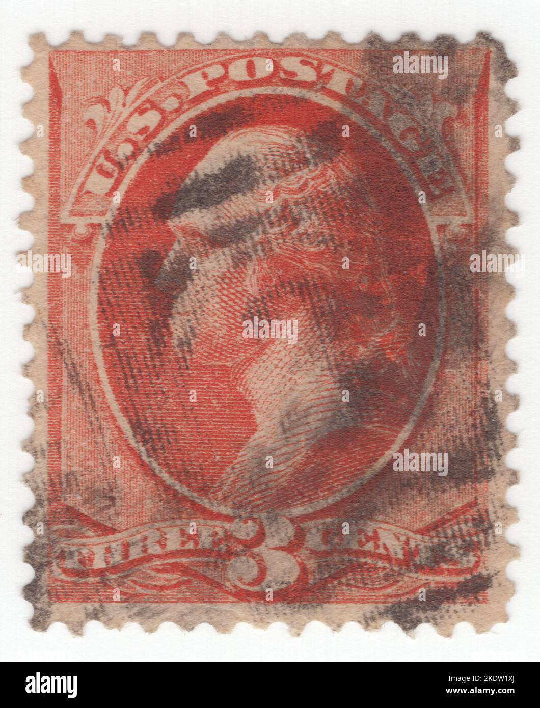 USA - 1887: An 3 cents vermilion postage stamp depicting portrait of George Washington. American military officer, statesman, and Founding Father who served as the first president of the United States from 1789 to 1797. Appointed by the Continental Congress as commander of the Continental Army, Washington led the Patriot forces to victory in the American Revolutionary War and served as the president of the Constitutional Convention of 1787, which created the Constitution of the United States and the American federal government. Washington has been called the 'Father of his Country' Stock Photo