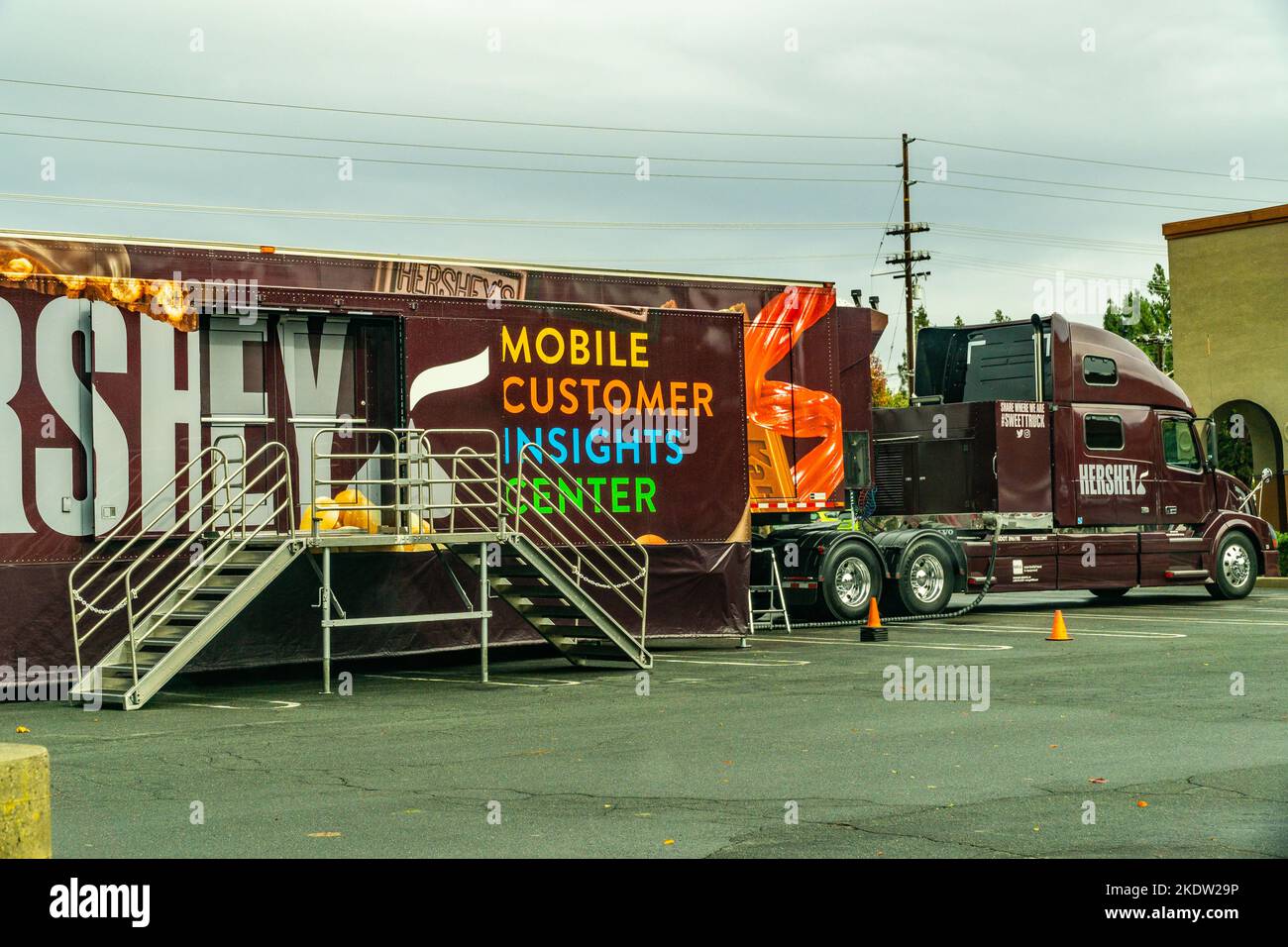 A Hershey's Chocolate mobile Customer Insight Center parked at a shopping center in Modesto California USA Stock Photo