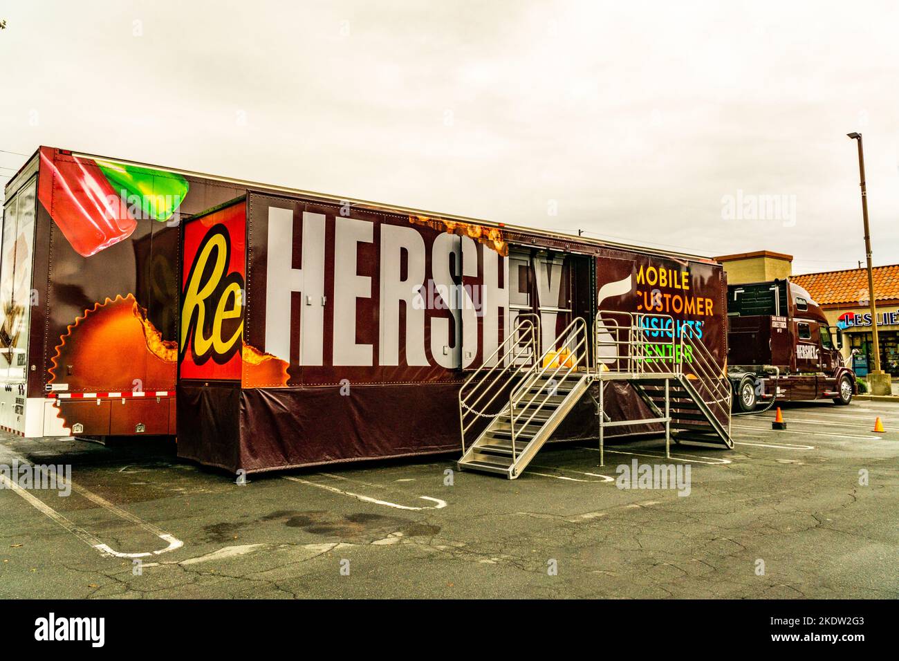 A Hershey's Chocolate mobile Customer Insight Center parked at a shopping center in Modesto California USA Stock Photo