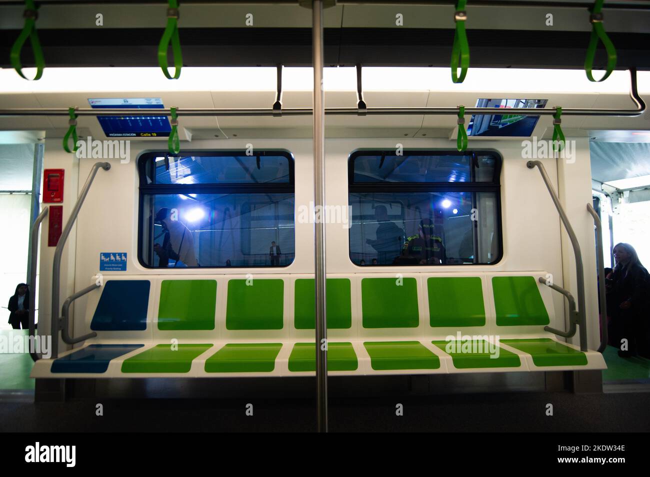 A general view of the seats of Bogota's Metro Car during the unveil event of Bogota's Metro car as Bogota's metro system starts works o be available t Stock Photo