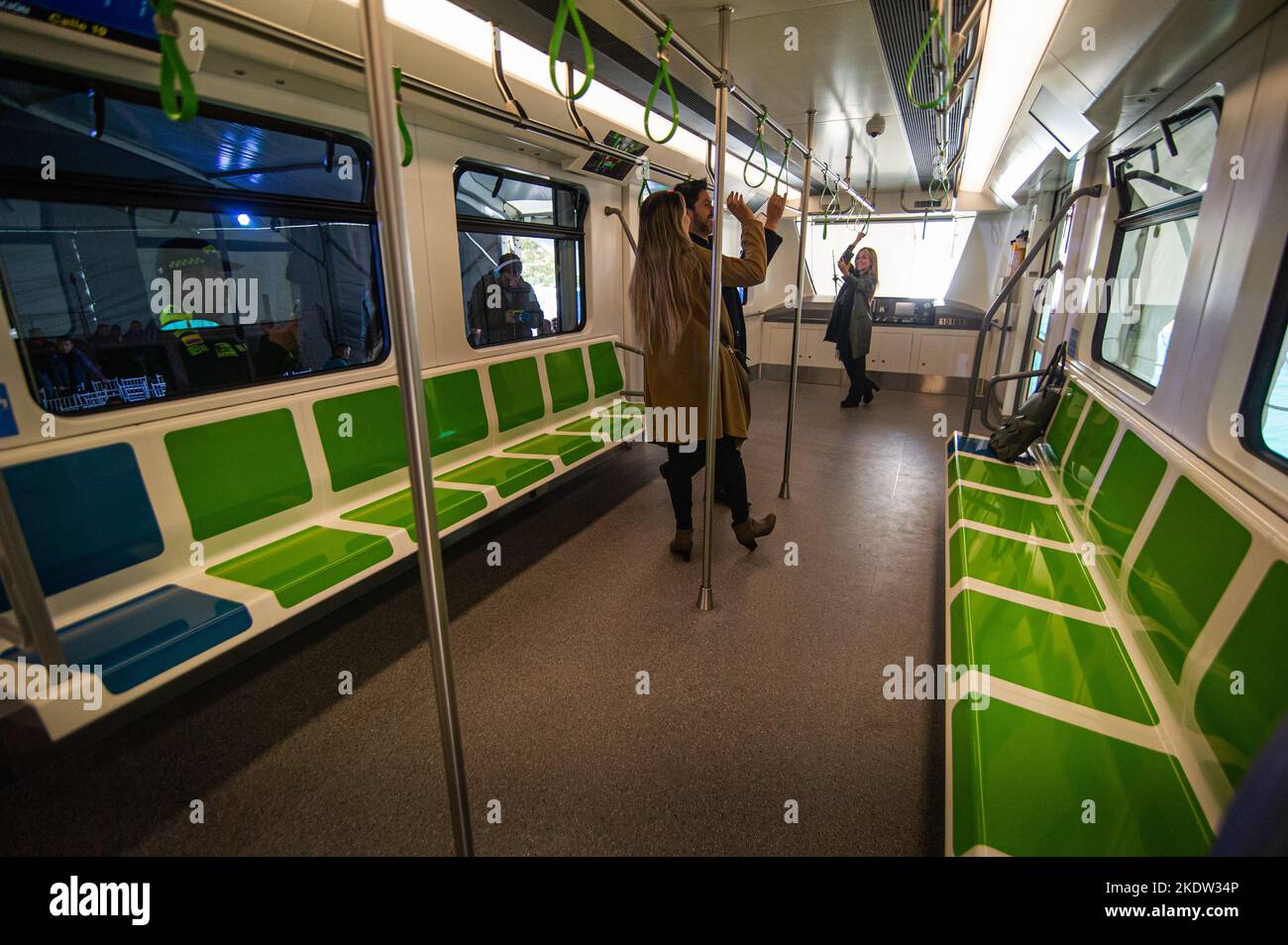 People take a look of the prototype of Bogota's metro car during the unveil event of Bogota's Metro car as Bogota's metro system starts works o be ava Stock Photo