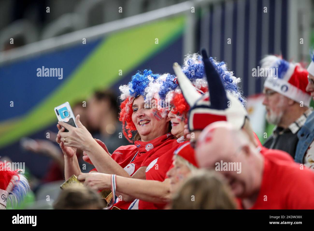 Ljubljana, Slovenia. 08th Nov, 2022. LJUBLJANA, SLOVENIA - NOVEMBER 08: Norway  Supporters cheer in the stands during EHF European Women's Handball  Championship match between Norway and Hungary at Arena Stozice on November